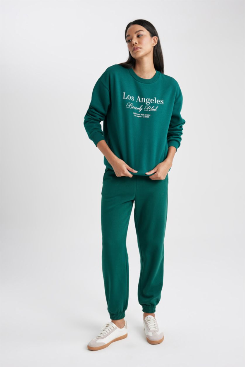 نساء أخضر غامق سويت شيرت قصة مريحة برقبة مستديرة