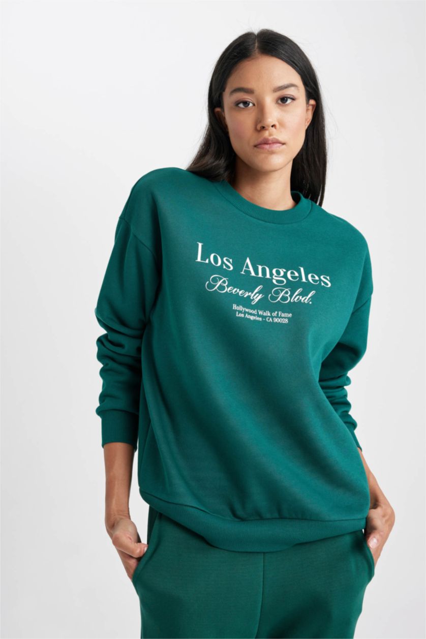 نساء أخضر غامق سويت شيرت قصة مريحة برقبة مستديرة