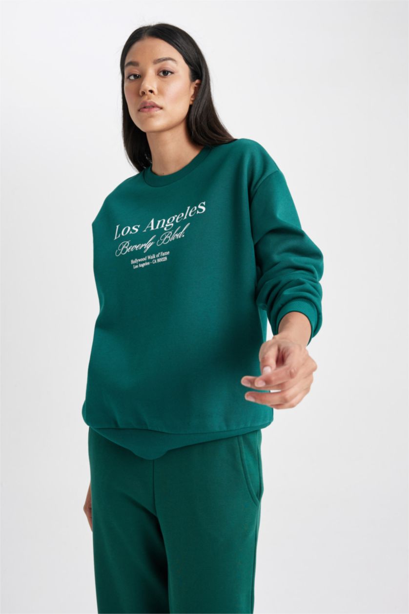 نساء أخضر غامق سويت شيرت قصة مريحة برقبة مستديرة