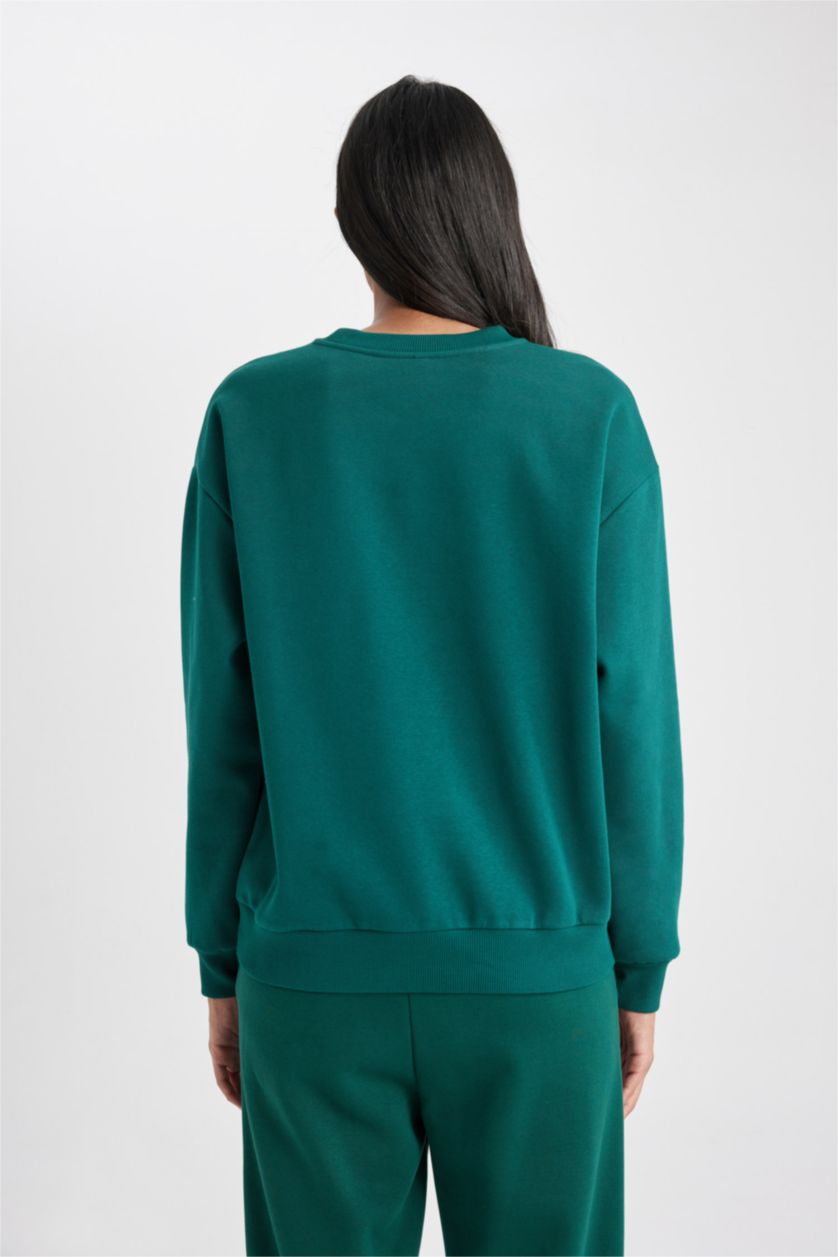 نساء أخضر غامق سويت شيرت قصة مريحة برقبة مستديرة