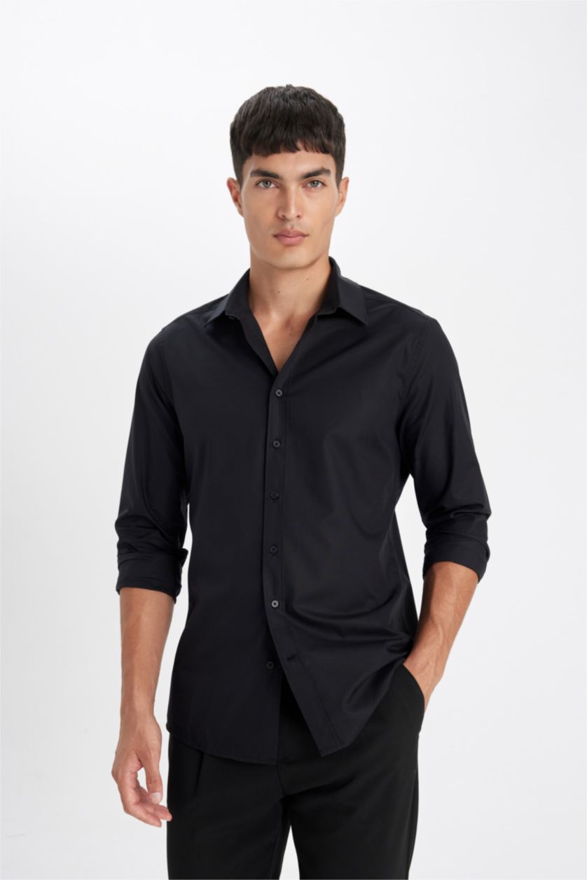 رجالي أسود Slim Fit Long Sleeve Shirt