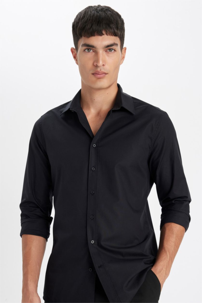 رجالي أسود Slim Fit Long Sleeve Shirt
