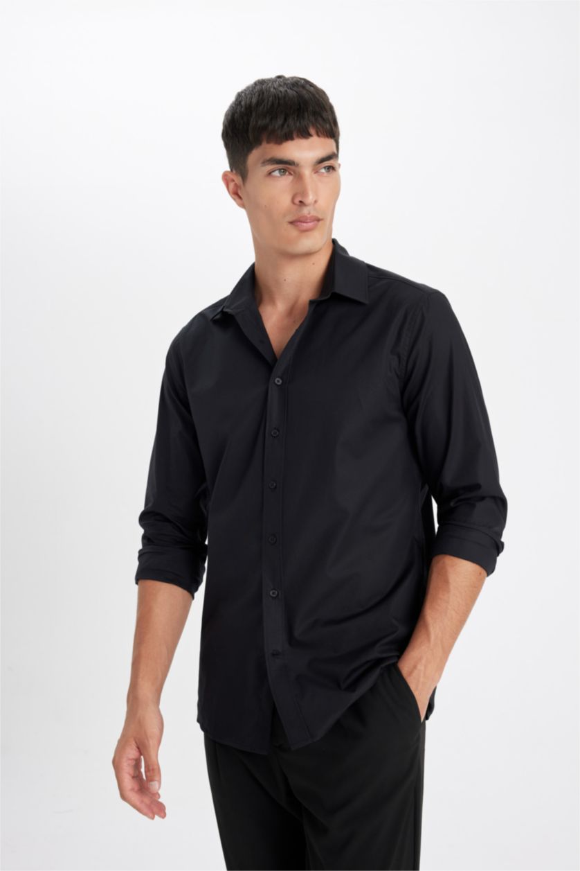 رجالي أسود Slim Fit Long Sleeve Shirt