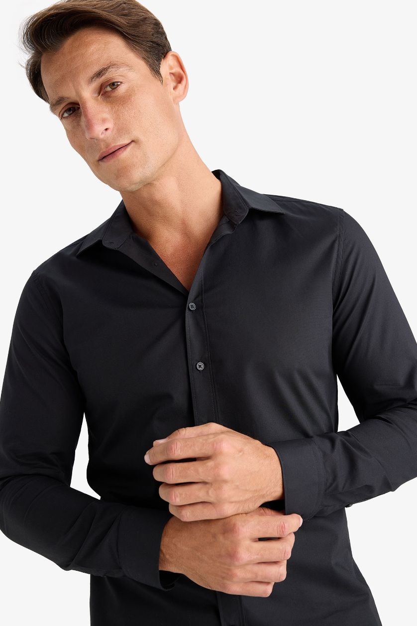 Erkek Siyah %100 Pamuk Slim Fit Dar Kesim İtalyan Yaka Non Iron Ütü Gerektirmeyen Uzun Kollu Gömlek