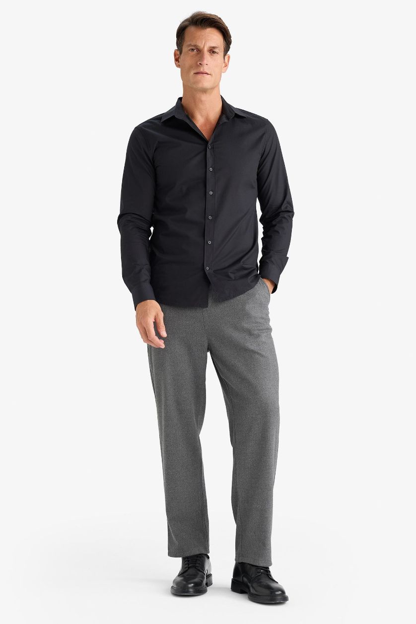 Erkek Siyah %100 Pamuk Slim Fit Dar Kesim İtalyan Yaka Non Iron Ütü Gerektirmeyen Uzun Kollu Gömlek