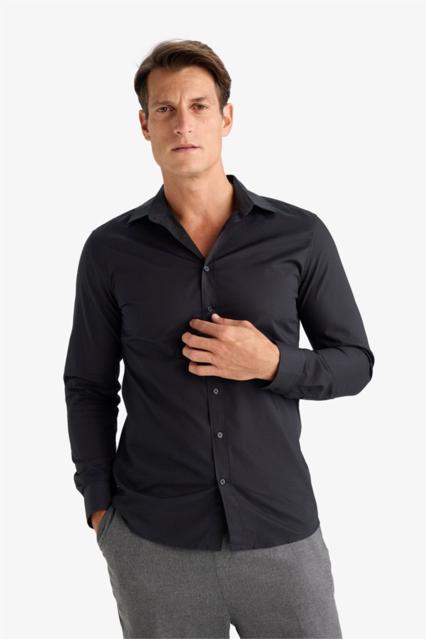 Erkek Siyah %100 Pamuk Slim Fit Dar Kesim İtalyan Yaka Non Iron Ütü Gerektirmeyen Uzun Kollu Gömlek