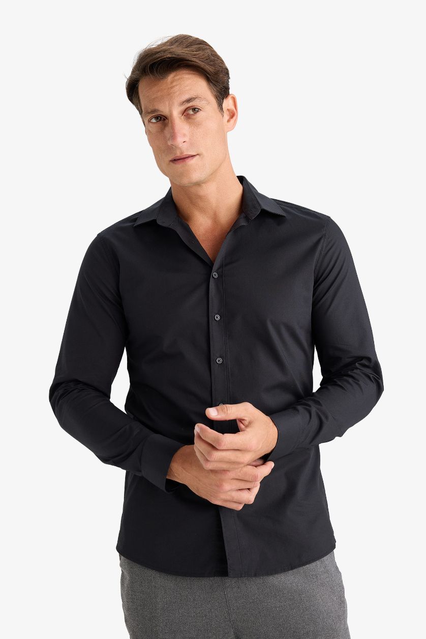 Erkek Siyah %100 Pamuk Slim Fit Dar Kesim İtalyan Yaka Non Iron Ütü Gerektirmeyen Uzun Kollu Gömlek