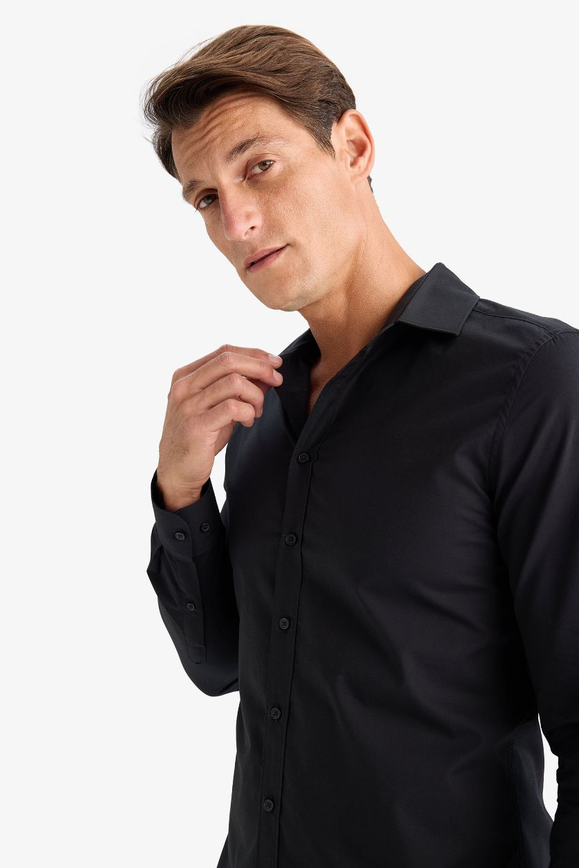 Erkek Siyah %100 Pamuk Slim Fit Dar Kesim İtalyan Yaka Non Iron Ütü Gerektirmeyen Uzun Kollu Gömlek