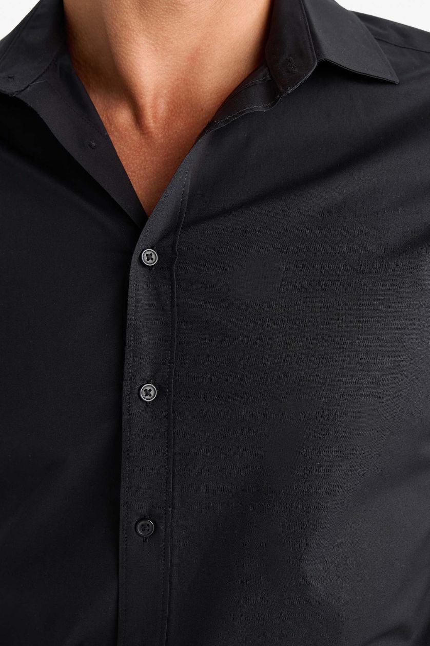 Erkek Siyah %100 Pamuk Slim Fit Dar Kesim İtalyan Yaka Non Iron Ütü Gerektirmeyen Uzun Kollu Gömlek
