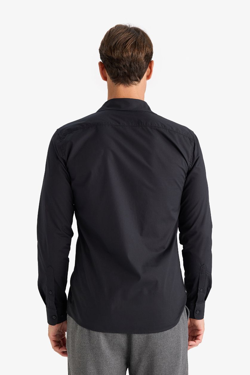 Erkek Siyah %100 Pamuk Slim Fit Dar Kesim İtalyan Yaka Non Iron Ütü Gerektirmeyen Uzun Kollu Gömlek