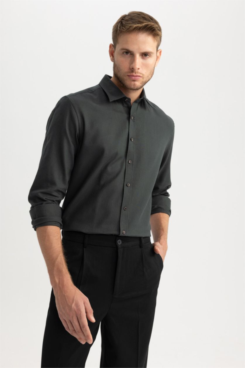 رجالي أخضر غامق قميص بولو كم طويل مودرن فيت