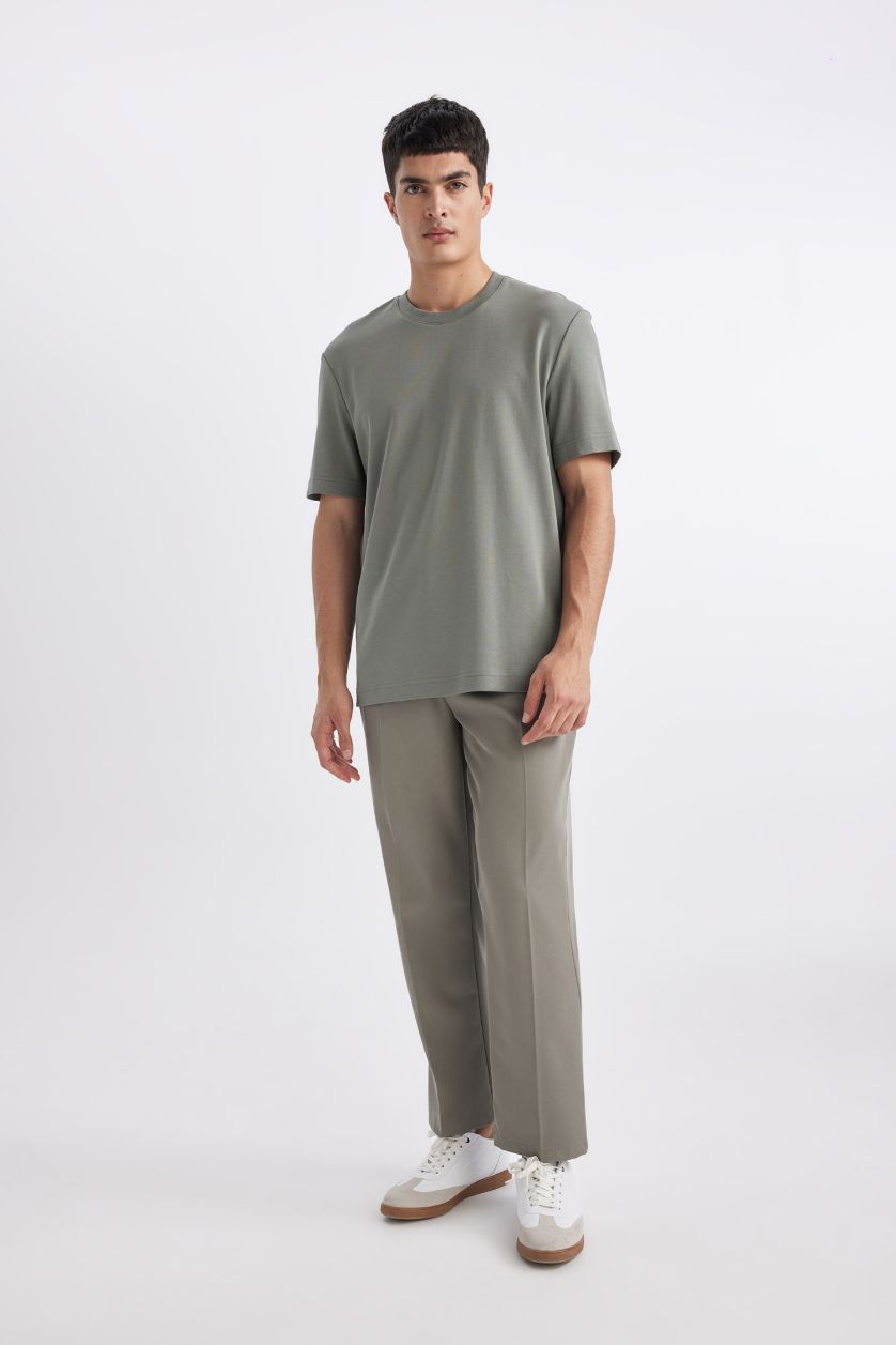 رجالي أخضر تيشيرت قطن بيزك نص كم تقيل قصة عادية برقبة مستديرة