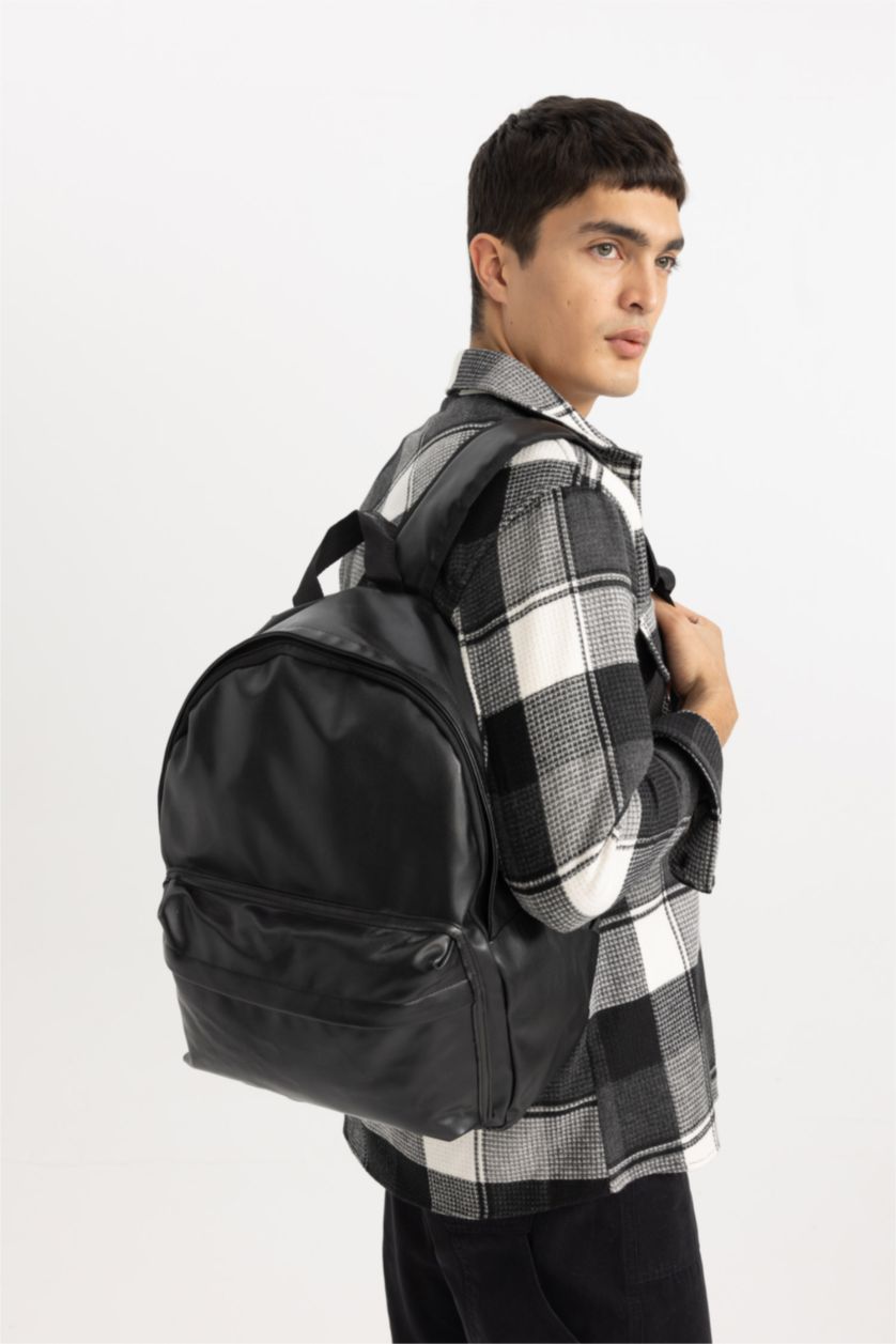 Man Black School Faux Leather Backpack