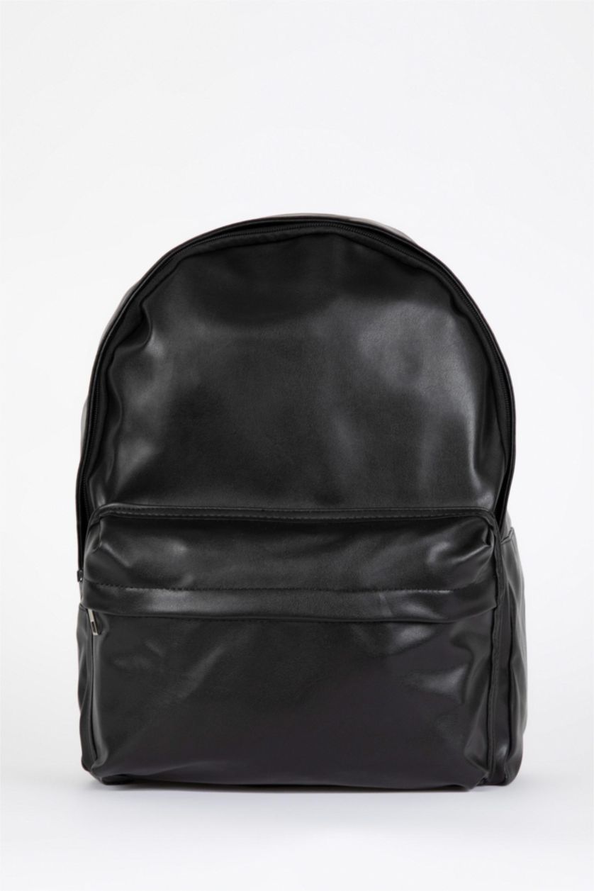 Man Black School Faux Leather Backpack
