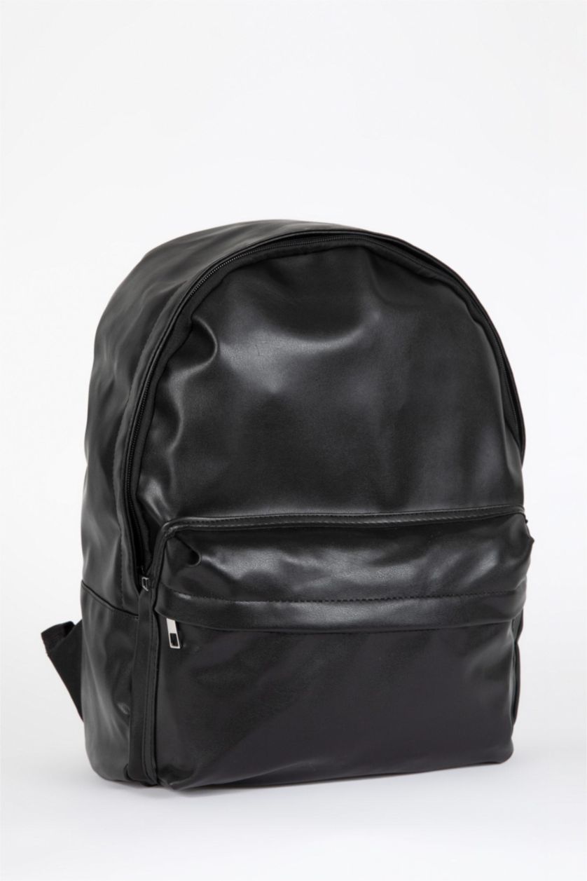 Man Black School Faux Leather Backpack