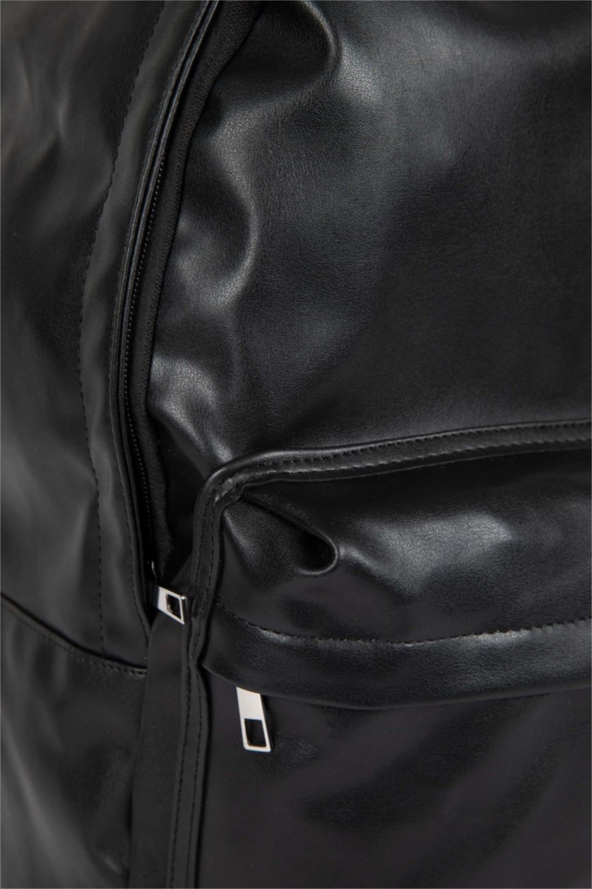 Man Black School Faux Leather Backpack
