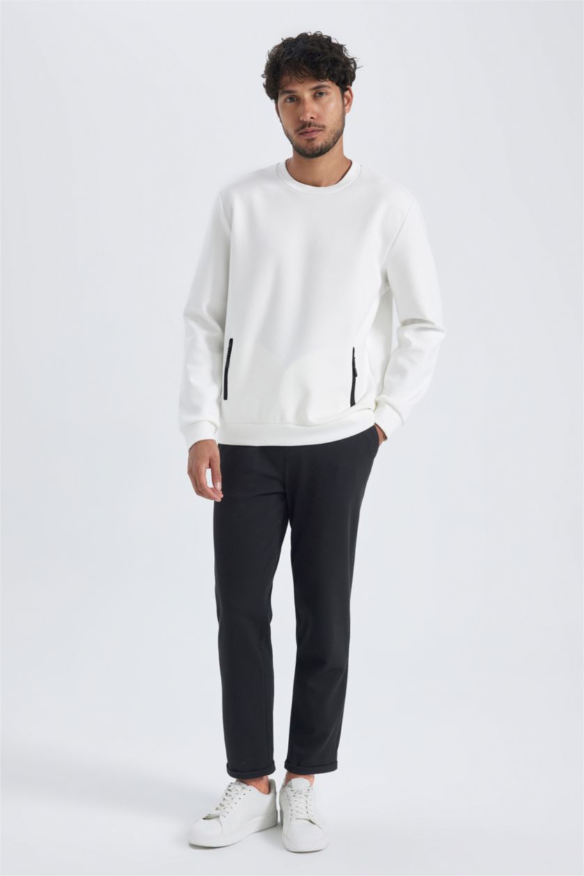 MAN White Modern Fit Crew Neck Zipper Pocket Sweatshirt