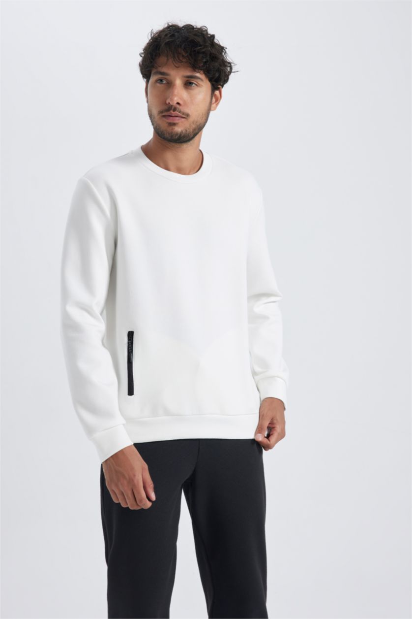 MAN White Modern Fit Crew Neck Zipper Pocket Sweatshirt