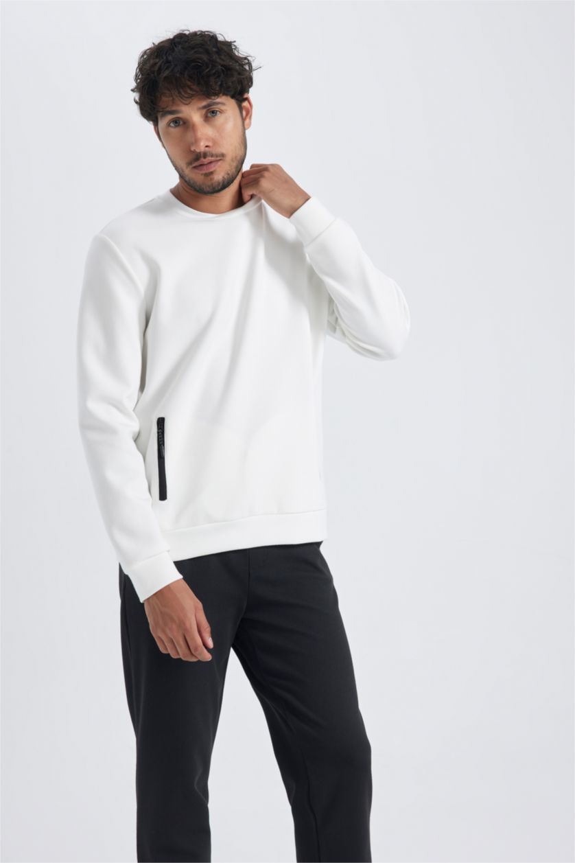 MAN White Modern Fit Crew Neck Zipper Pocket Sweatshirt