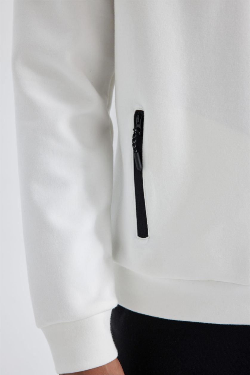MAN White Modern Fit Crew Neck Zipper Pocket Sweatshirt