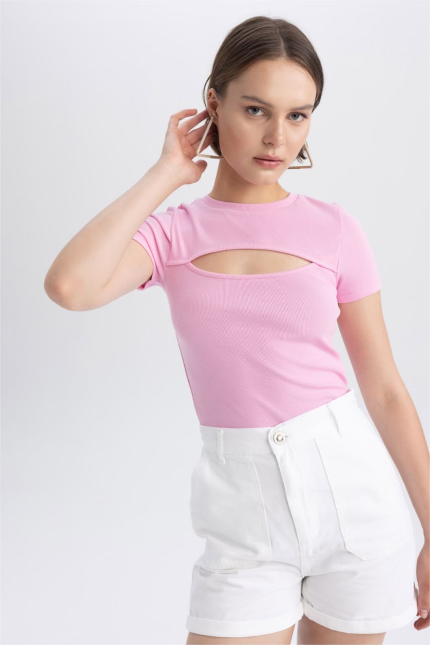 WOMAN Light Pink Slim Fit Crew Neck Camisole Short Sleeve T-Shirt