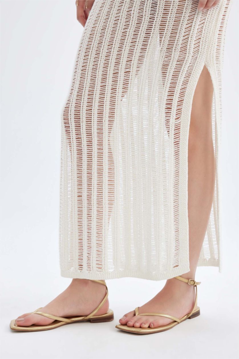 نساء بيج فاتح فستان طويل كروشيه قصة عادية بياخة مستديرة