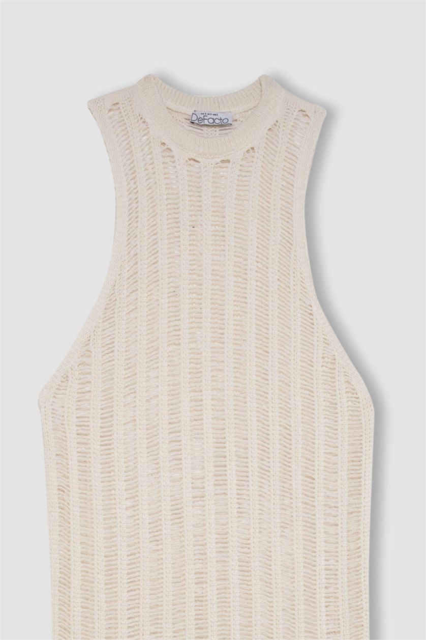 نساء بيج فاتح فستان طويل كروشيه قصة عادية بياخة مستديرة