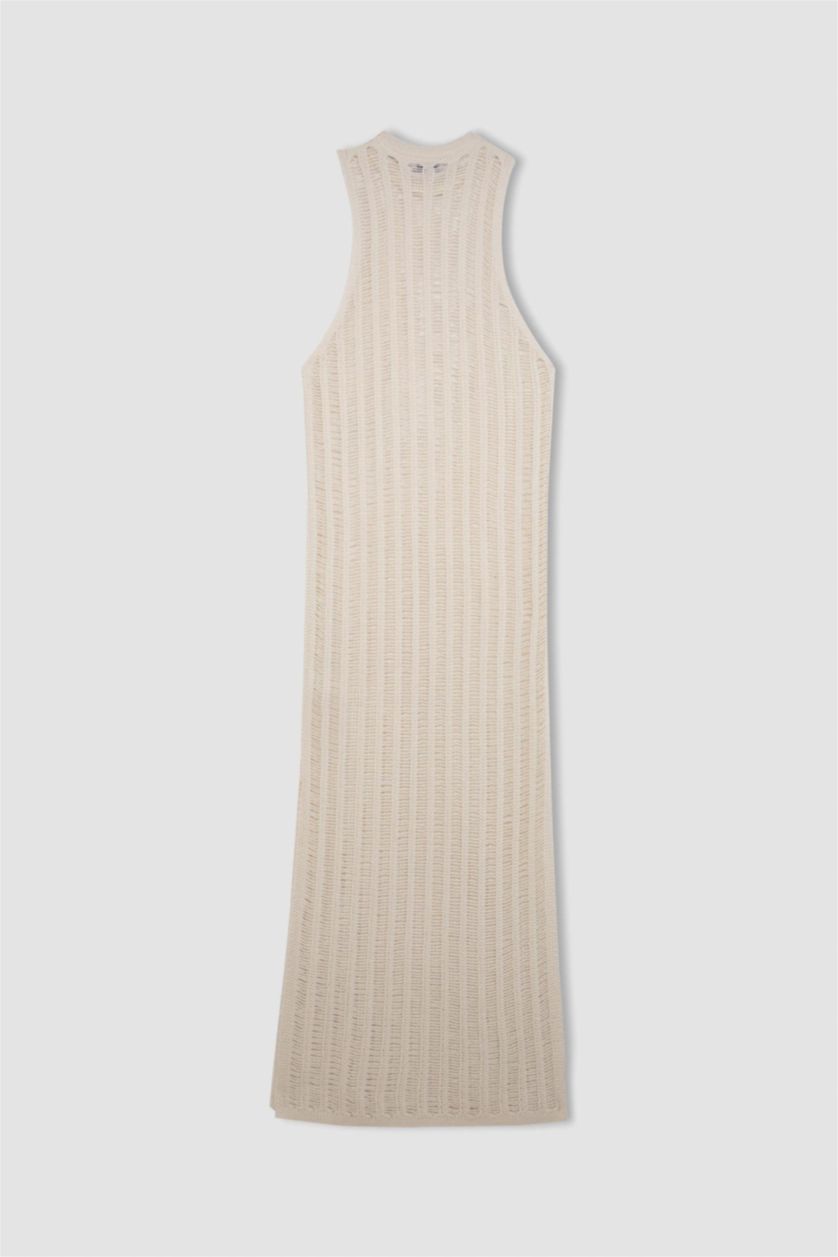 نساء بيج فاتح فستان طويل كروشيه قصة عادية بياخة مستديرة