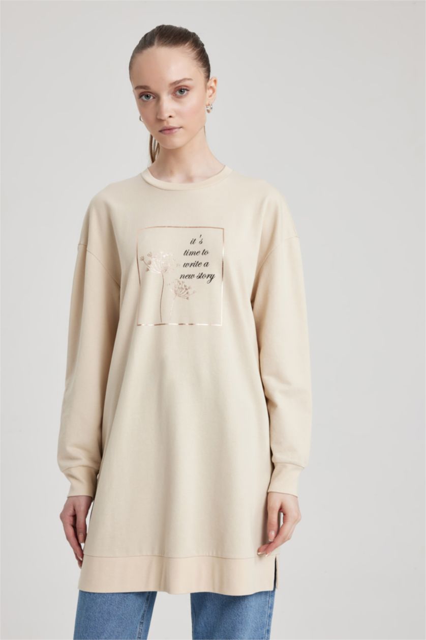WOMAN Beige Regular Fit Thin Sweatshirt Fabric Crew Neck Embroidered Sweat Tunic