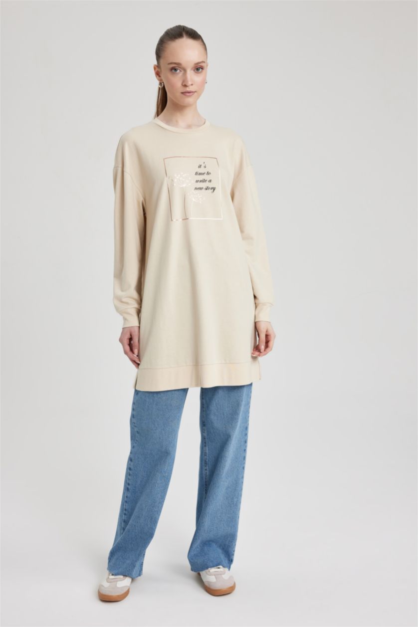 WOMAN Beige Regular Fit Thin Sweatshirt Fabric Crew Neck Embroidered Sweat Tunic