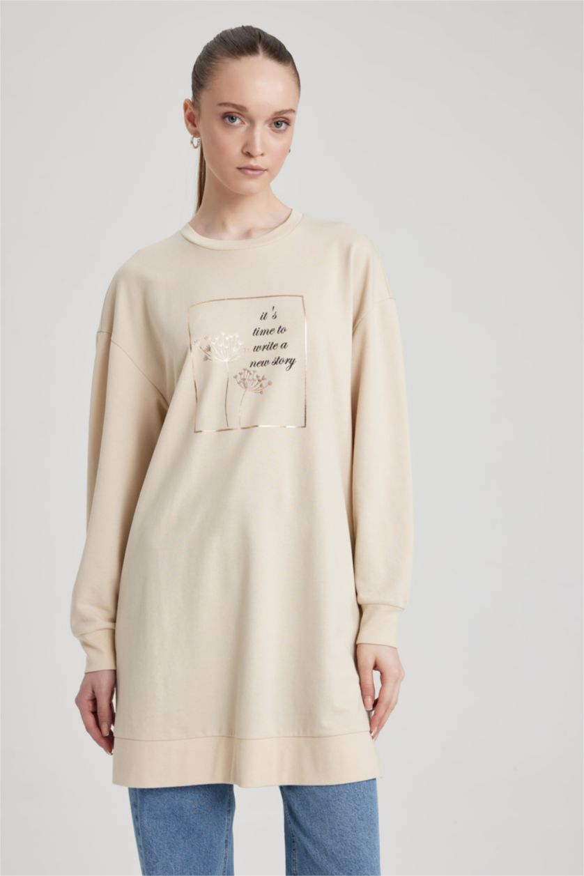 WOMAN Beige Regular Fit Thin Sweatshirt Fabric Crew Neck Embroidered Sweat Tunic