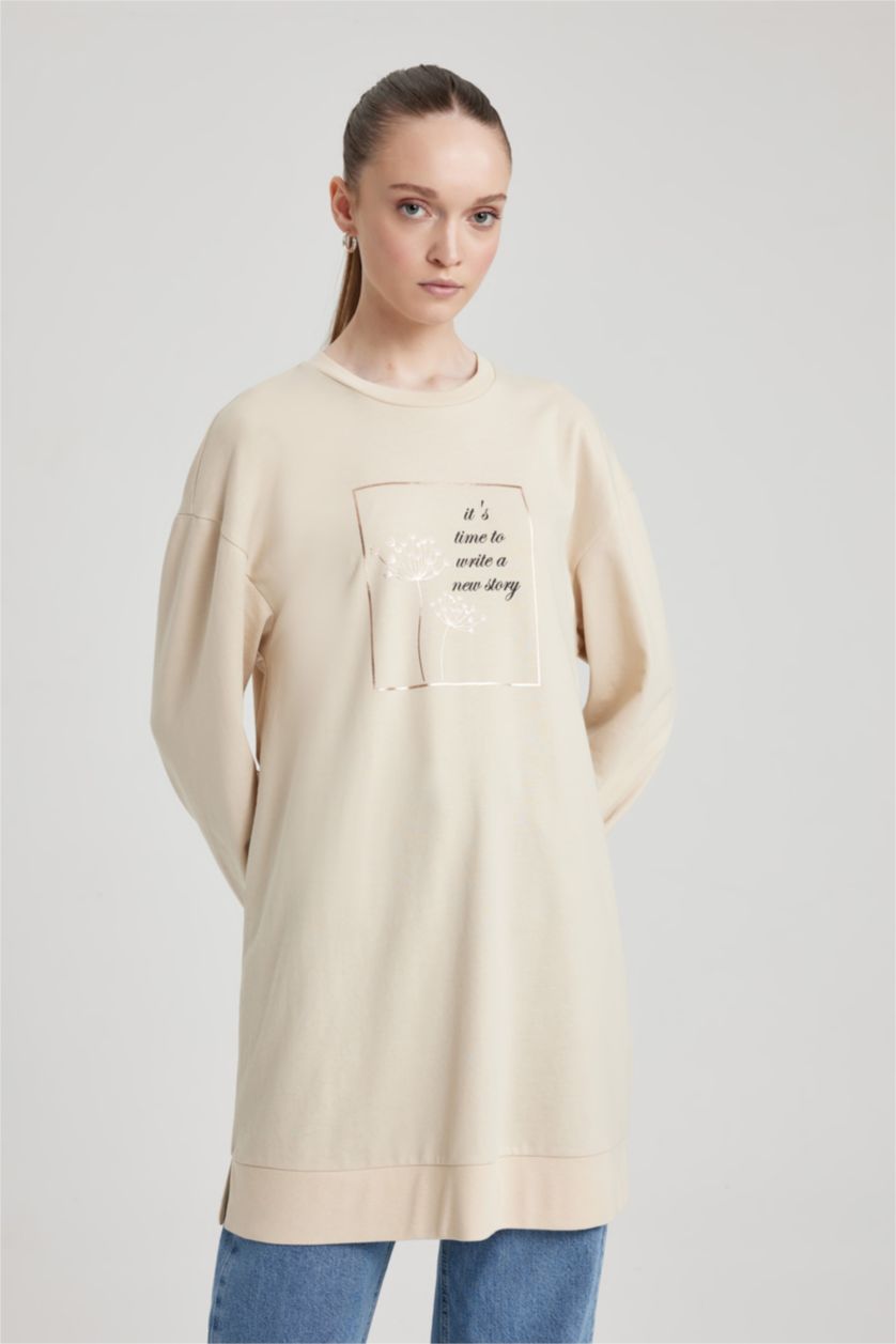 WOMAN Beige Regular Fit Thin Sweatshirt Fabric Crew Neck Embroidered Sweat Tunic