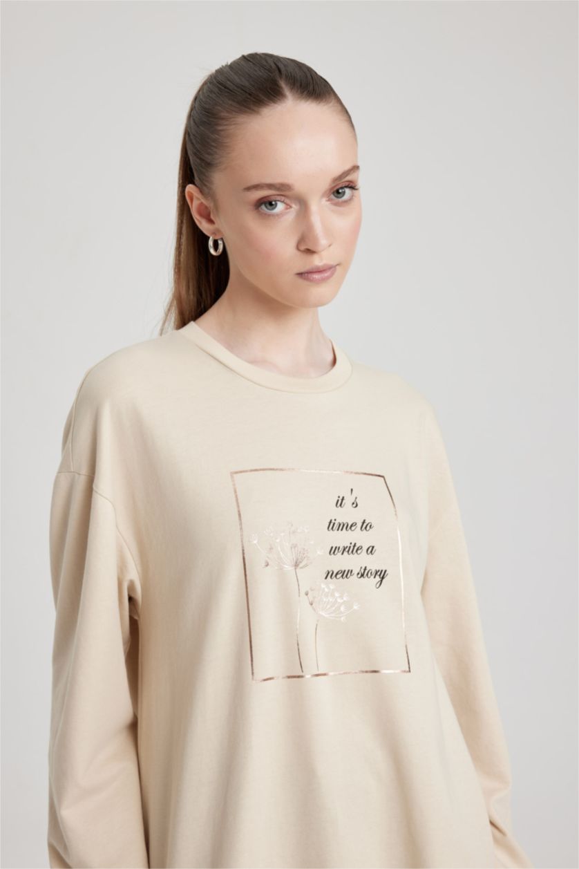 WOMAN Beige Regular Fit Thin Sweatshirt Fabric Crew Neck Embroidered Sweat Tunic