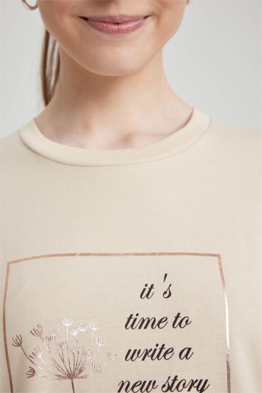 WOMAN Beige Regular Fit Thin Sweatshirt Fabric Crew Neck Embroidered Sweat Tunic