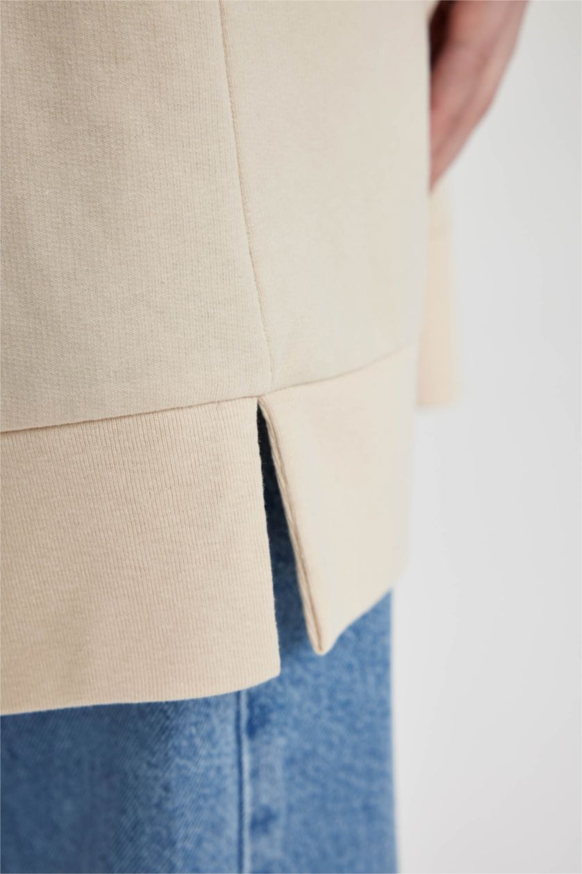 WOMAN Beige Regular Fit Thin Sweatshirt Fabric Crew Neck Embroidered Sweat Tunic