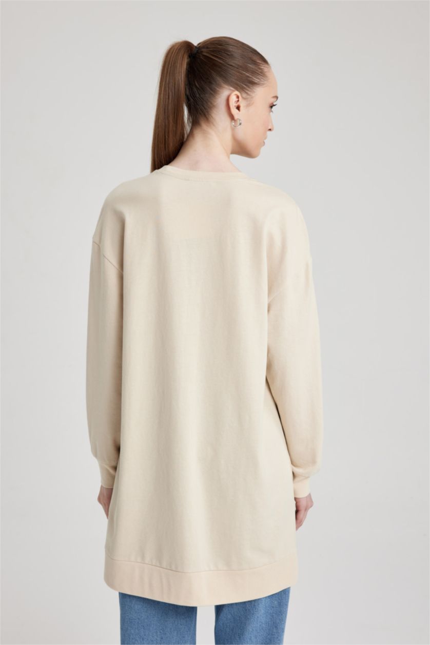 WOMAN Beige Regular Fit Thin Sweatshirt Fabric Crew Neck Embroidered Sweat Tunic