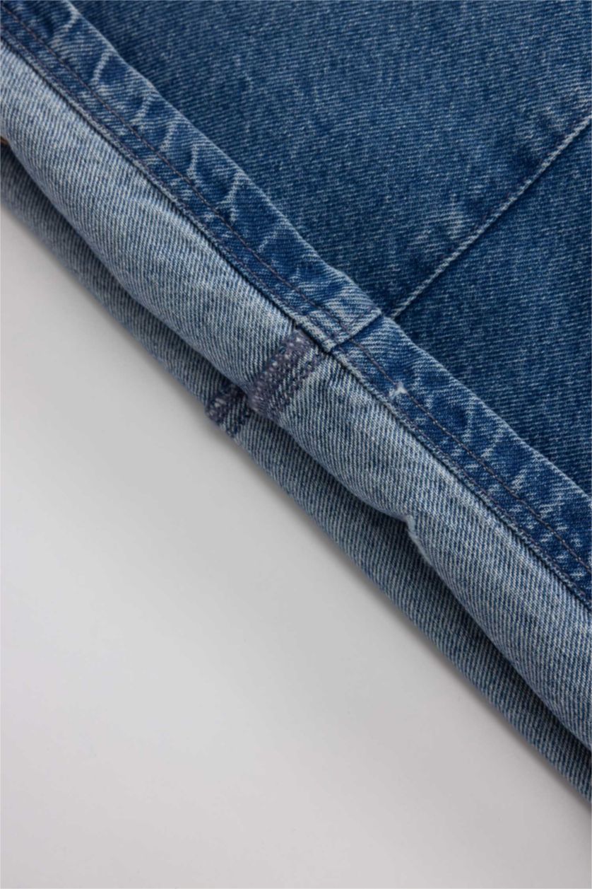 Kız Bebek Koyu Mavi Nakışlı Askılı Jean Elbise Kız Bebek