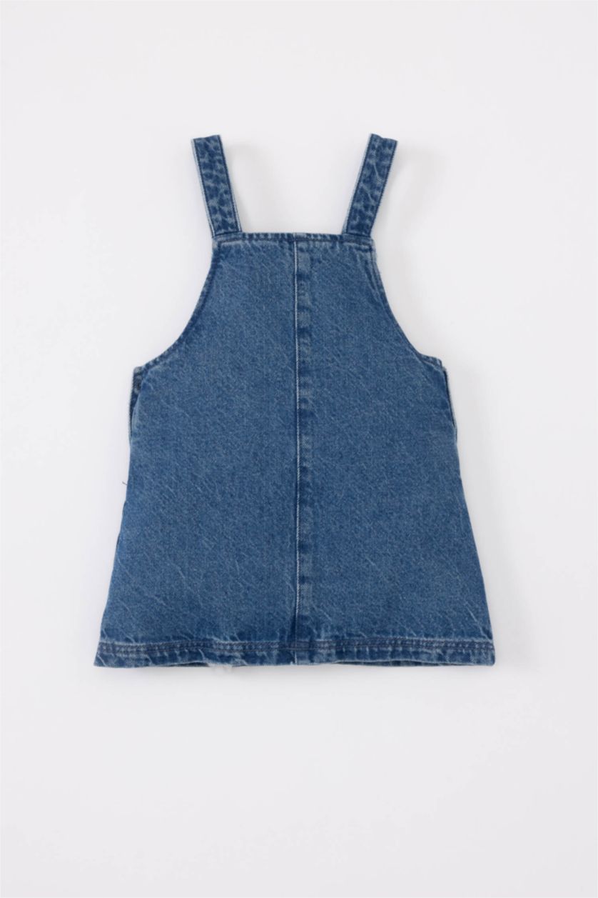 Kız Bebek Koyu Mavi Nakışlı Askılı Jean Elbise Kız Bebek