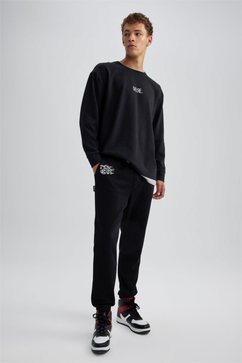 Erkek Siyah Keith Haring Eşofman Altı Beli Bağcıklı Lastikli Paça Cepli 