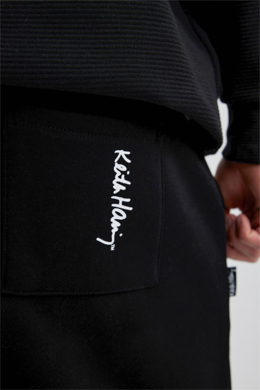 Erkek Siyah Keith Haring Eşofman Altı Beli Bağcıklı Lastikli Paça Cepli 