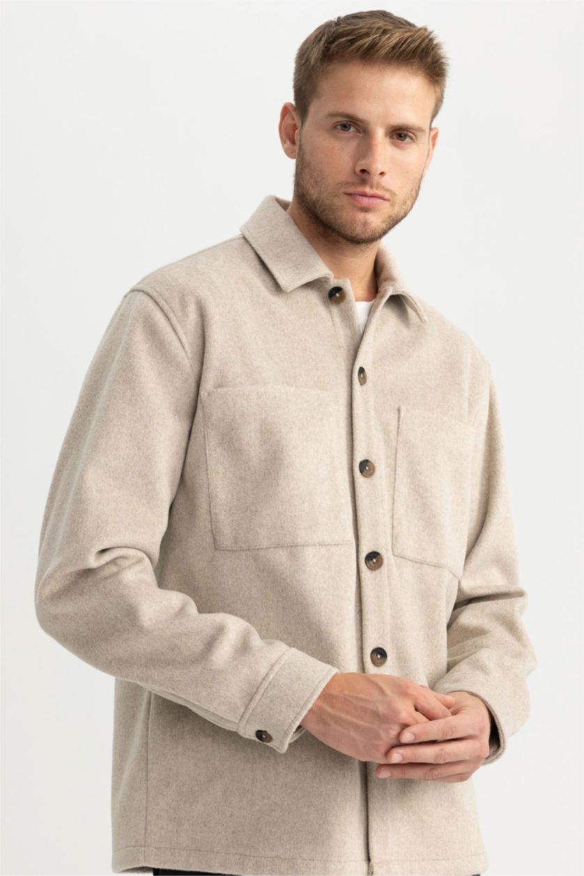 MAN Sand Relax Fit Polo Neck Wool Look Shirt Jacket