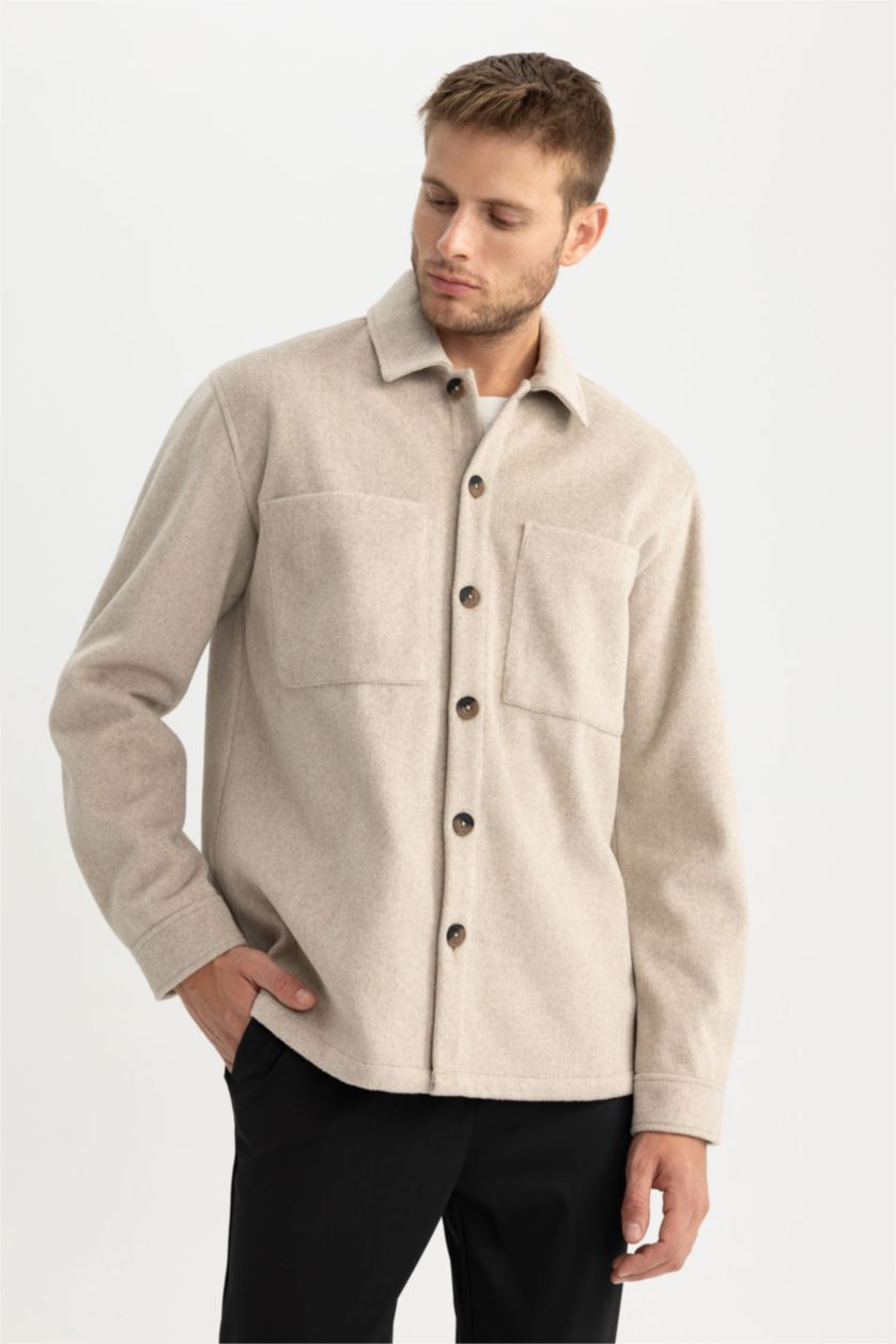 MAN Sand Relax Fit Polo Neck Wool Look Shirt Jacket