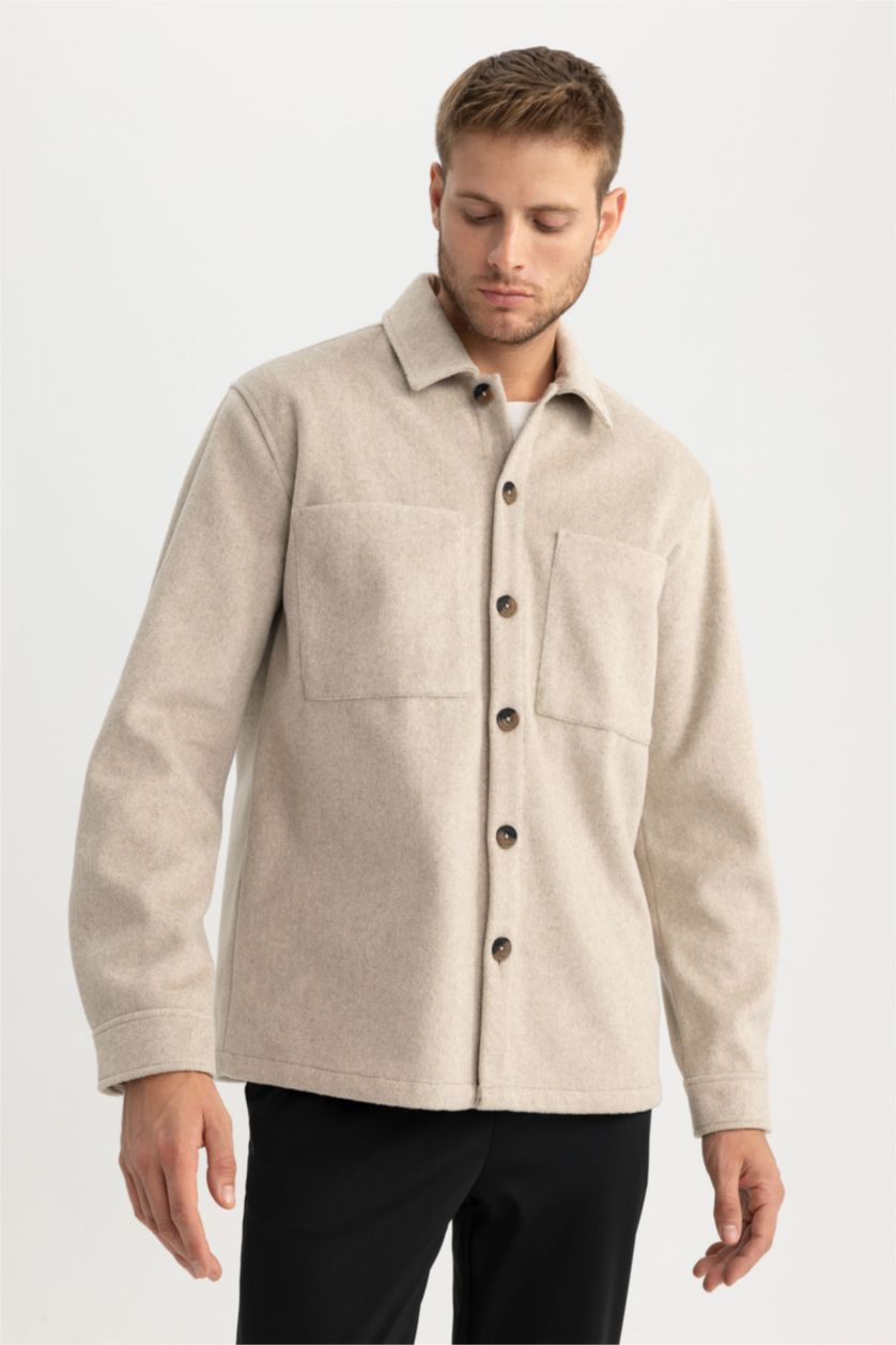 MAN Sand Relax Fit Polo Neck Wool Look Shirt Jacket