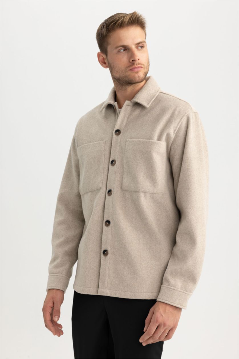MAN Sand Relax Fit Polo Neck Wool Look Shirt Jacket