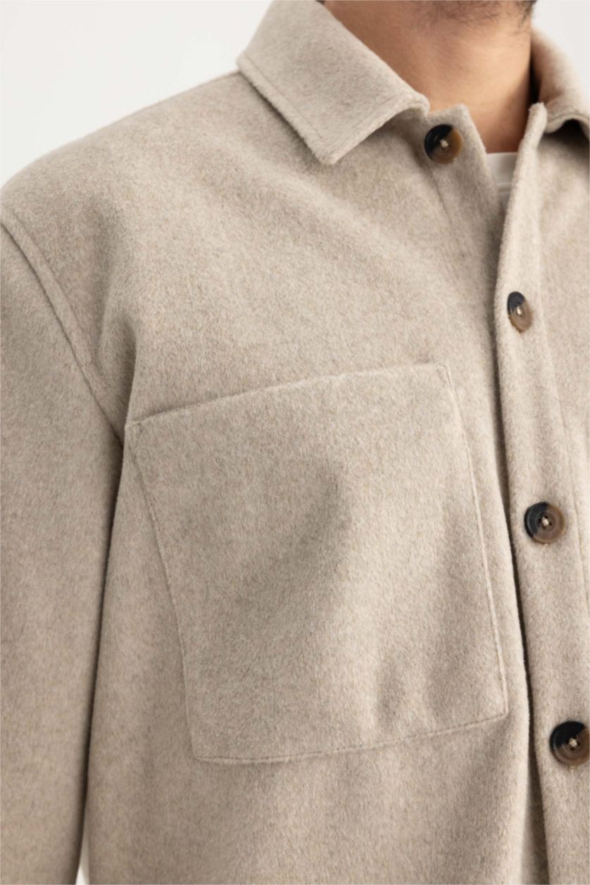 MAN Sand Relax Fit Polo Neck Wool Look Shirt Jacket