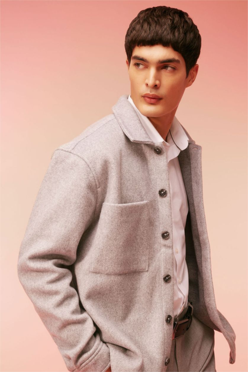 رجالي ميلانج رمادي جاكيت قميصي مظهر صوفي قصة مريحة بياقة بولو بجيب