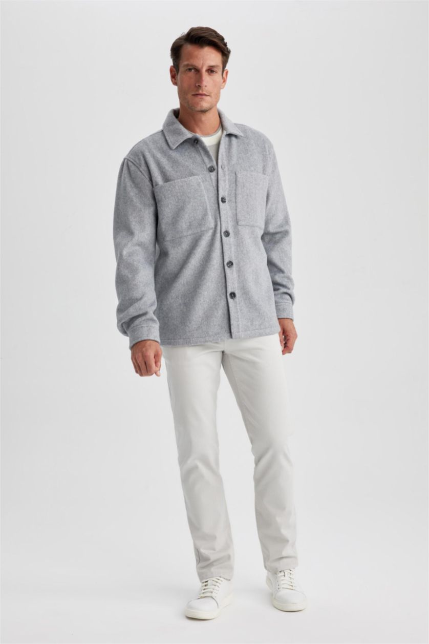 رجالي ميلانج رمادي جاكيت قميصي مظهر صوفي قصة مريحة بياقة بولو بجيب