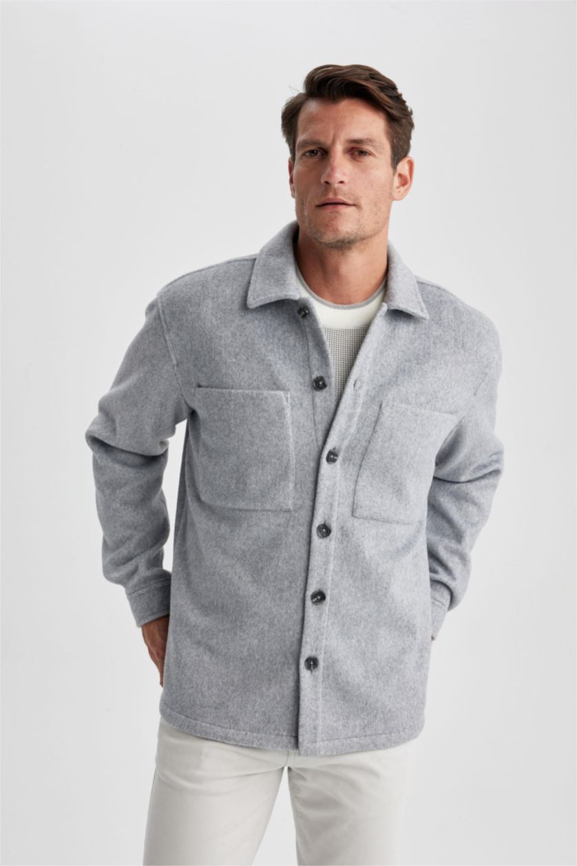 رجالي ميلانج رمادي جاكيت قميصي مظهر صوفي قصة مريحة بياقة بولو بجيب