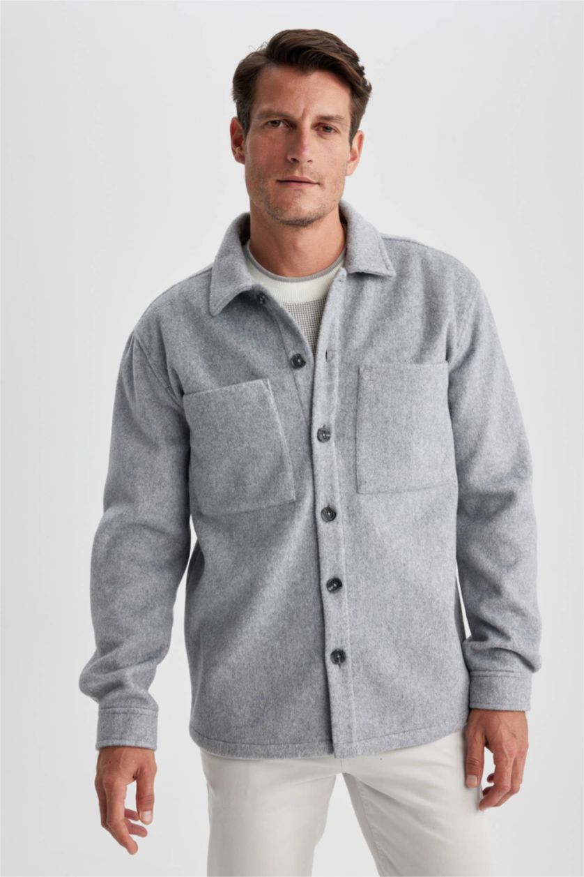رجالي ميلانج رمادي جاكيت قميصي مظهر صوفي قصة مريحة بياقة بولو بجيب