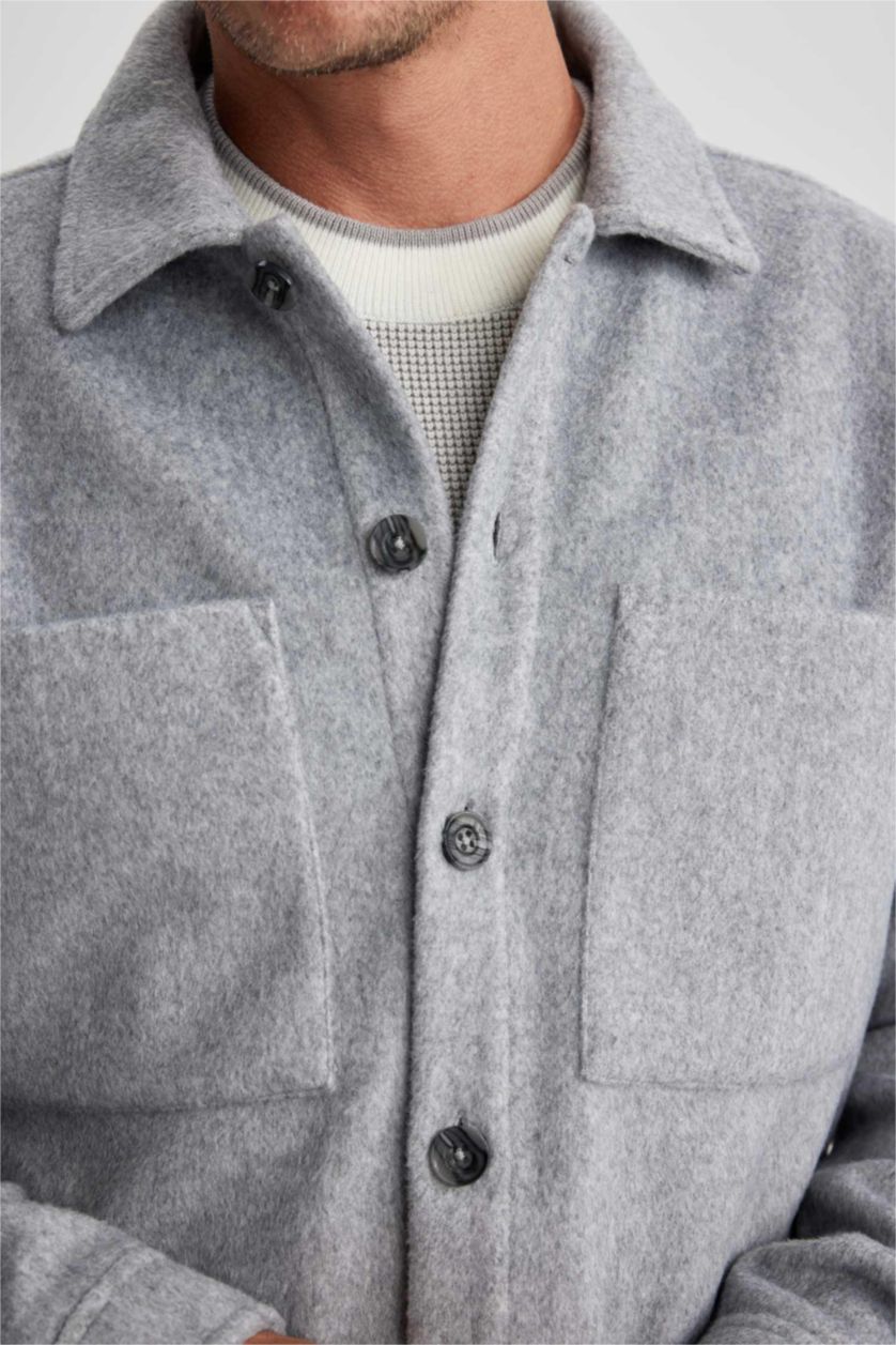 رجالي ميلانج رمادي جاكيت قميصي مظهر صوفي قصة مريحة بياقة بولو بجيب